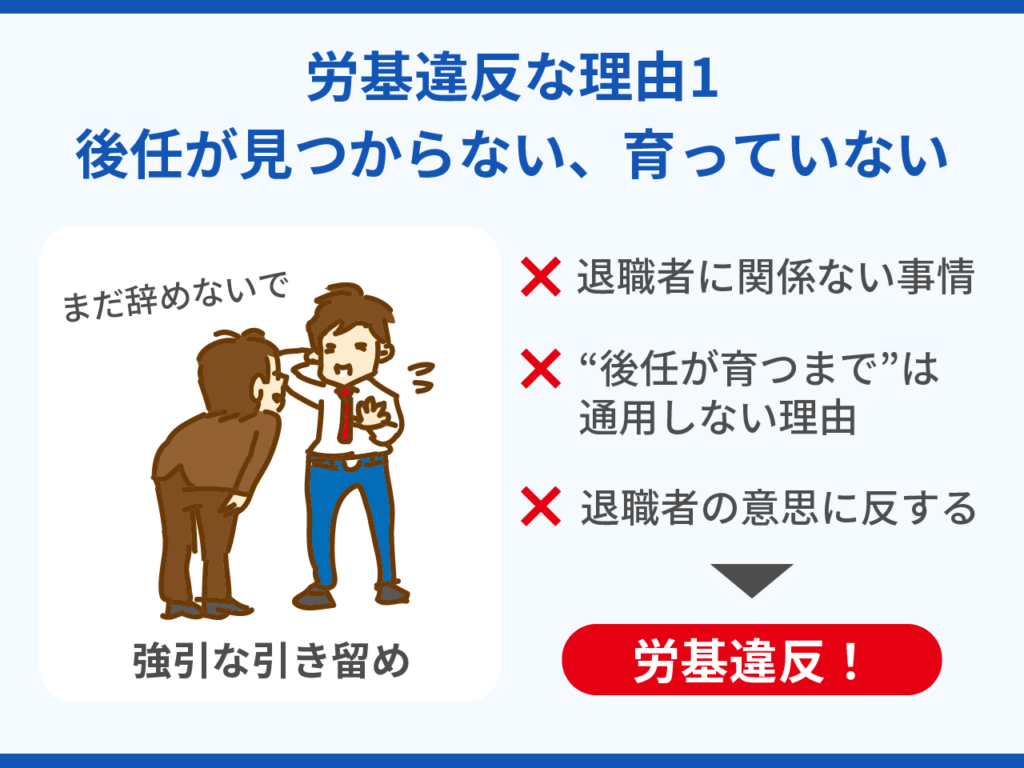 労基違反の退職できない理由1.後任が見つからない、育っていない