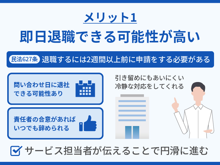 アルバイトが退職代行を利用するメリット1.即日退職できる可能性が高い