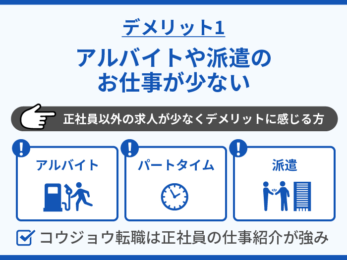 コウジョウ転職の注意点・デメリット1.アルバイトや派遣のお仕事が少ない